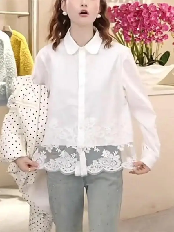 Kant Oversized Dames irt High-End Gesplitste Zoom Basis irt Vintage Woon-werk Sle Lang Sve Button-up Ademend Huidvrij...