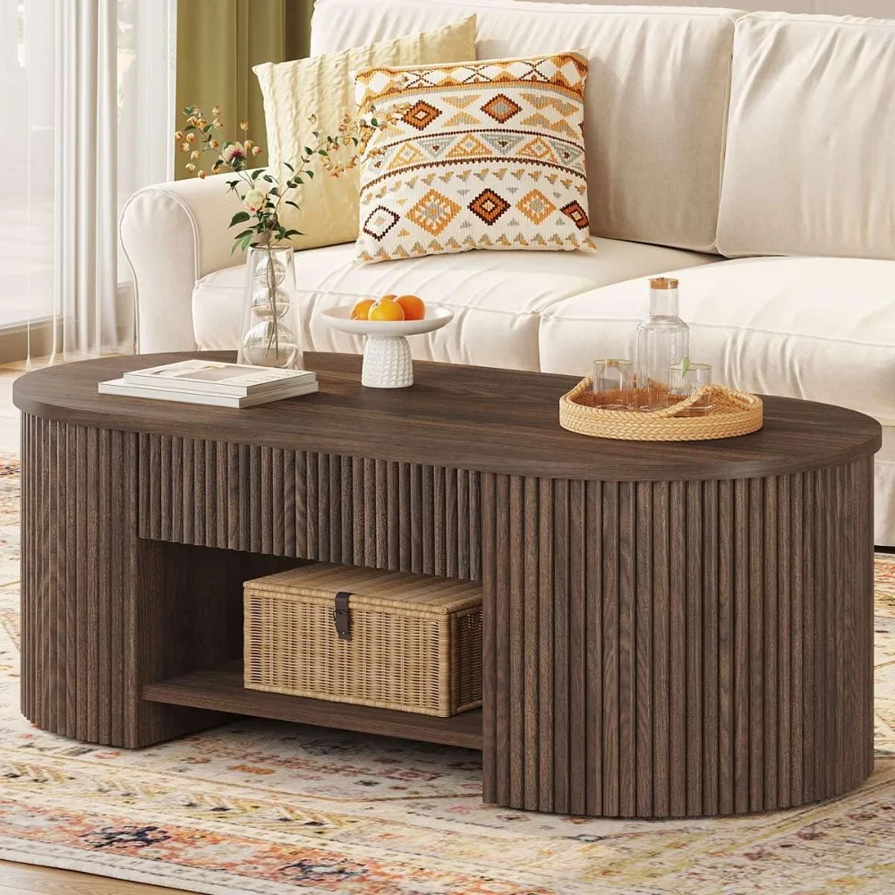 

Mid Century Modern Oval Coffee Table with Storage Shelf and Drawer, Dark Walnut Wood Fluted Design, 43.31 Inch