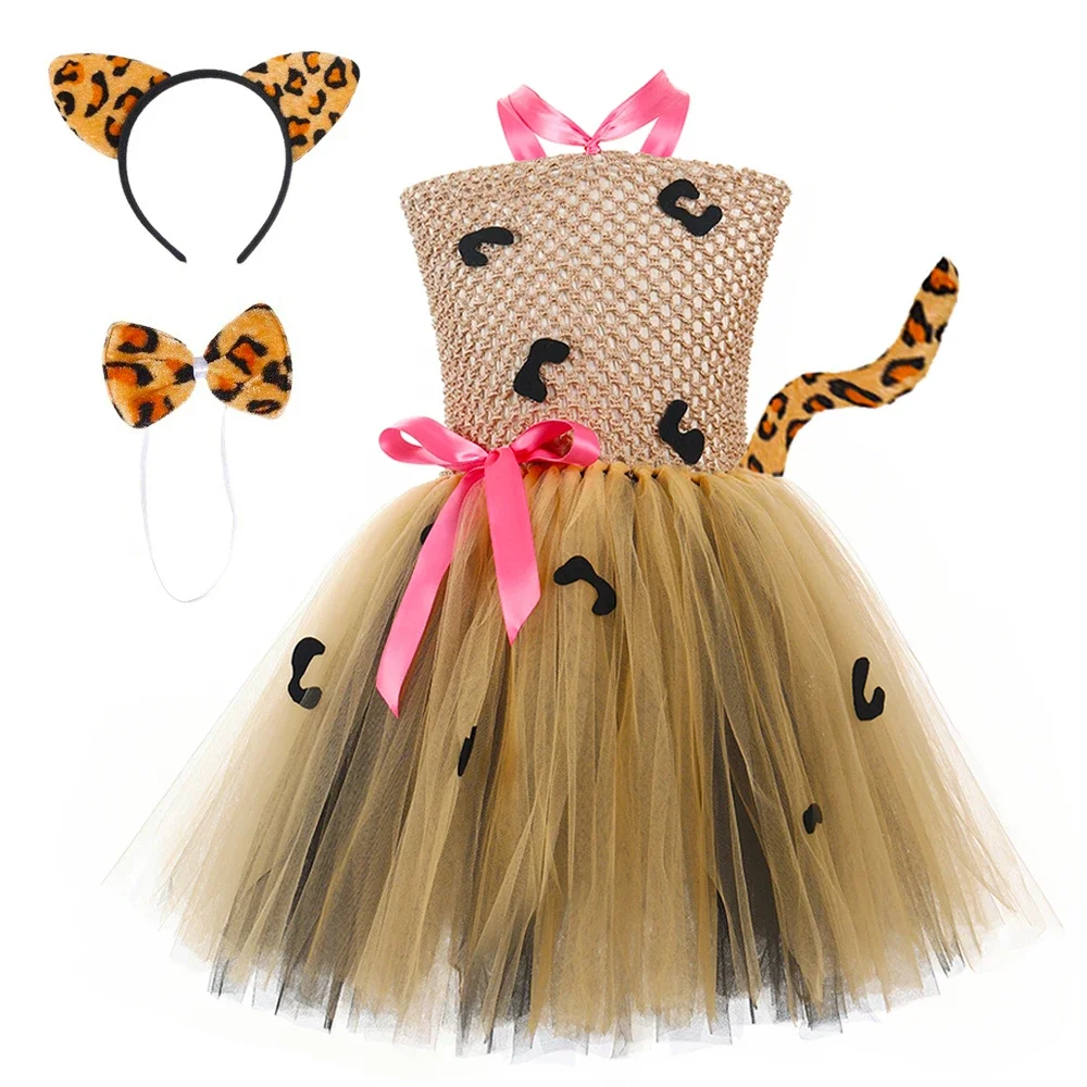 Leopard Cat Cheetah Costume Kids Halloween Carnival Animal Outfits Girls Jungle Themed Birthday Party Tutu Dress with Ears Tail