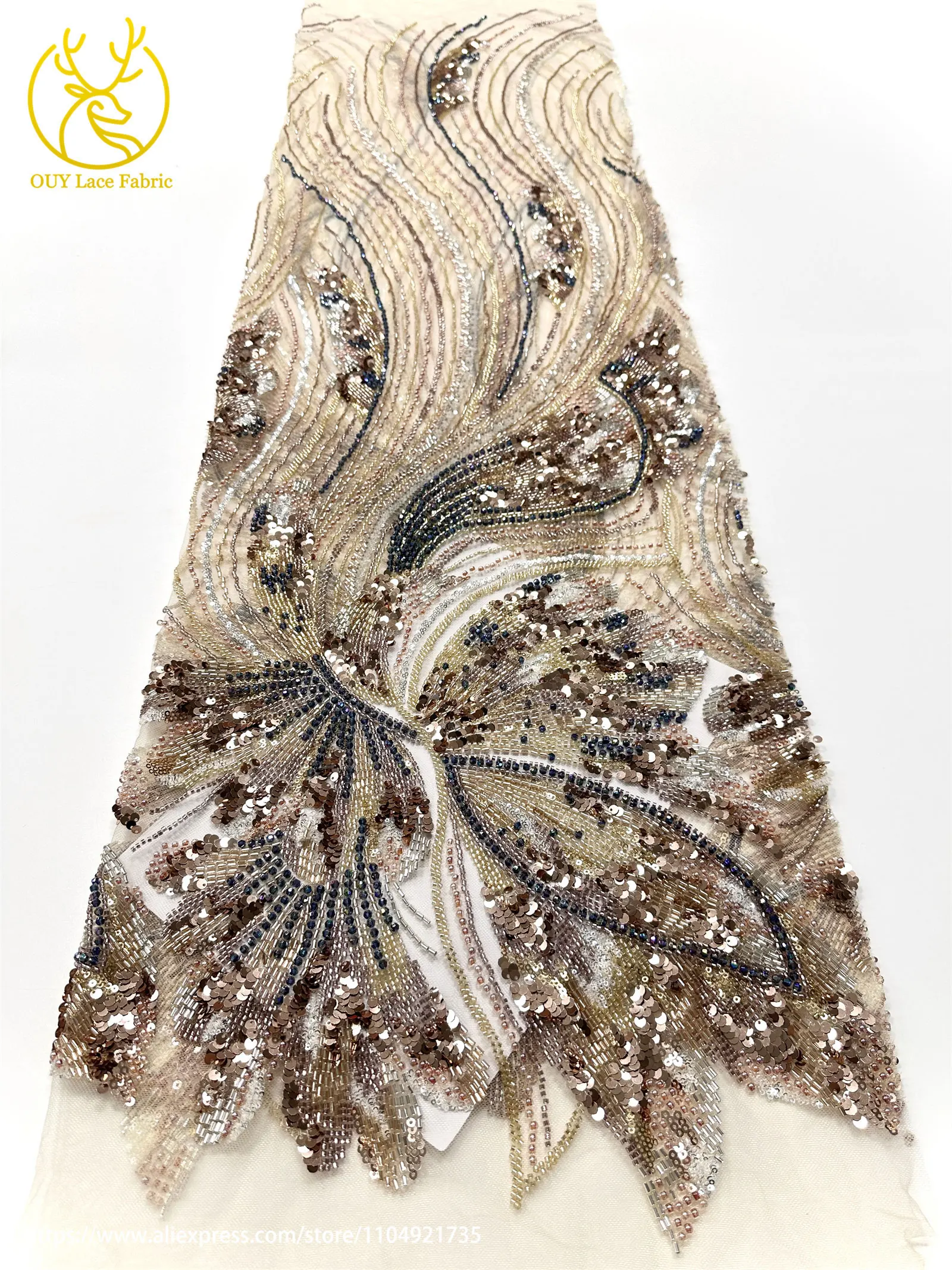 Kain Brokat Prancis Mewah Desain Baru dengan Payet Tangan, Kain Tulle Bordir Payet Afrika Dubai 2025 untuk Menjahit Gaun