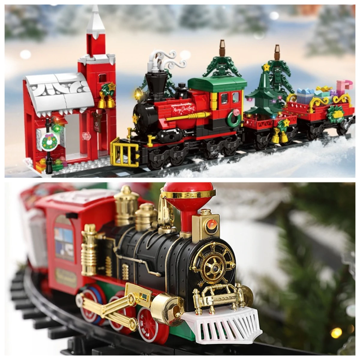

MOC Рождественский поезд, железнодорожный автомобиль, набор строительных блоков, фестиваль, зимняя снежная сцена, автомобиль, трек, елка, игрушки, детские праздничные рождественские подарки