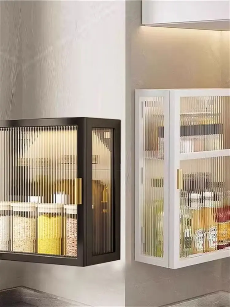 

Настенный кухонный шкаф для хранения, пылезащитный органайзер для специй с дверцей, не требует сверления, держатель для кухонных принадлежностей