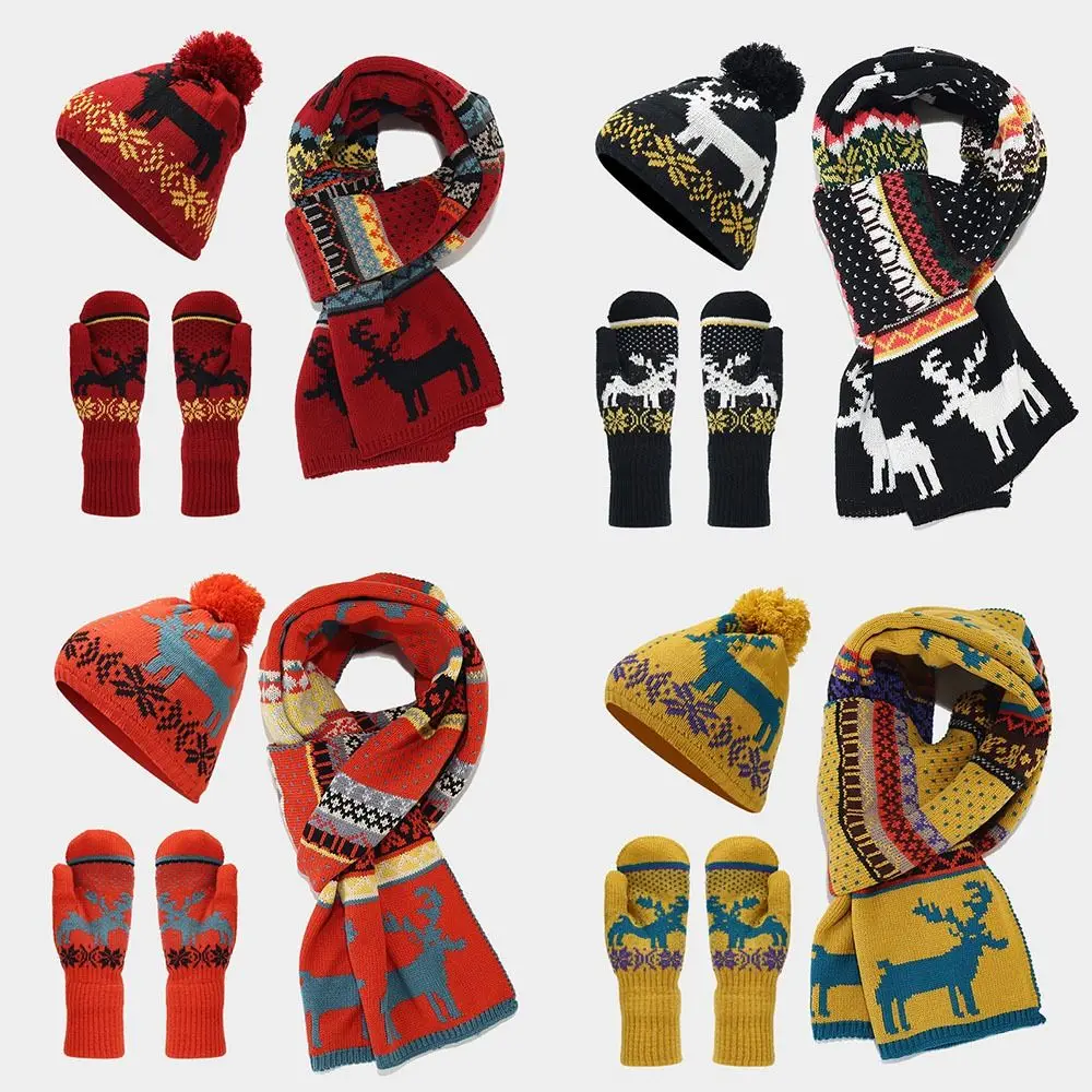 

Knitted Christmas Hat Scarf Gloves Set Winter Warm Cold Protection Christmas Elk Beanie Cap Christmas Touch Screen Gloves