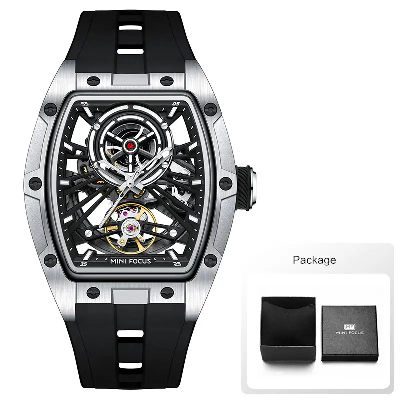 MINIFOCUS Men's Automatic Mechanical Watch Black Tonneau Dial Luminous Hands Silicone Band 7