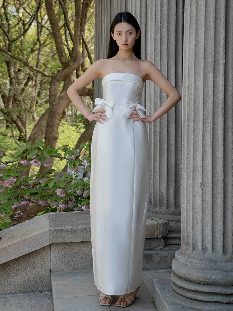 Reddachic feminino bowknot cetim vestido de noite branco brilhante texturizado sem alças espartilho fenda vestido longo formatura roupas formais