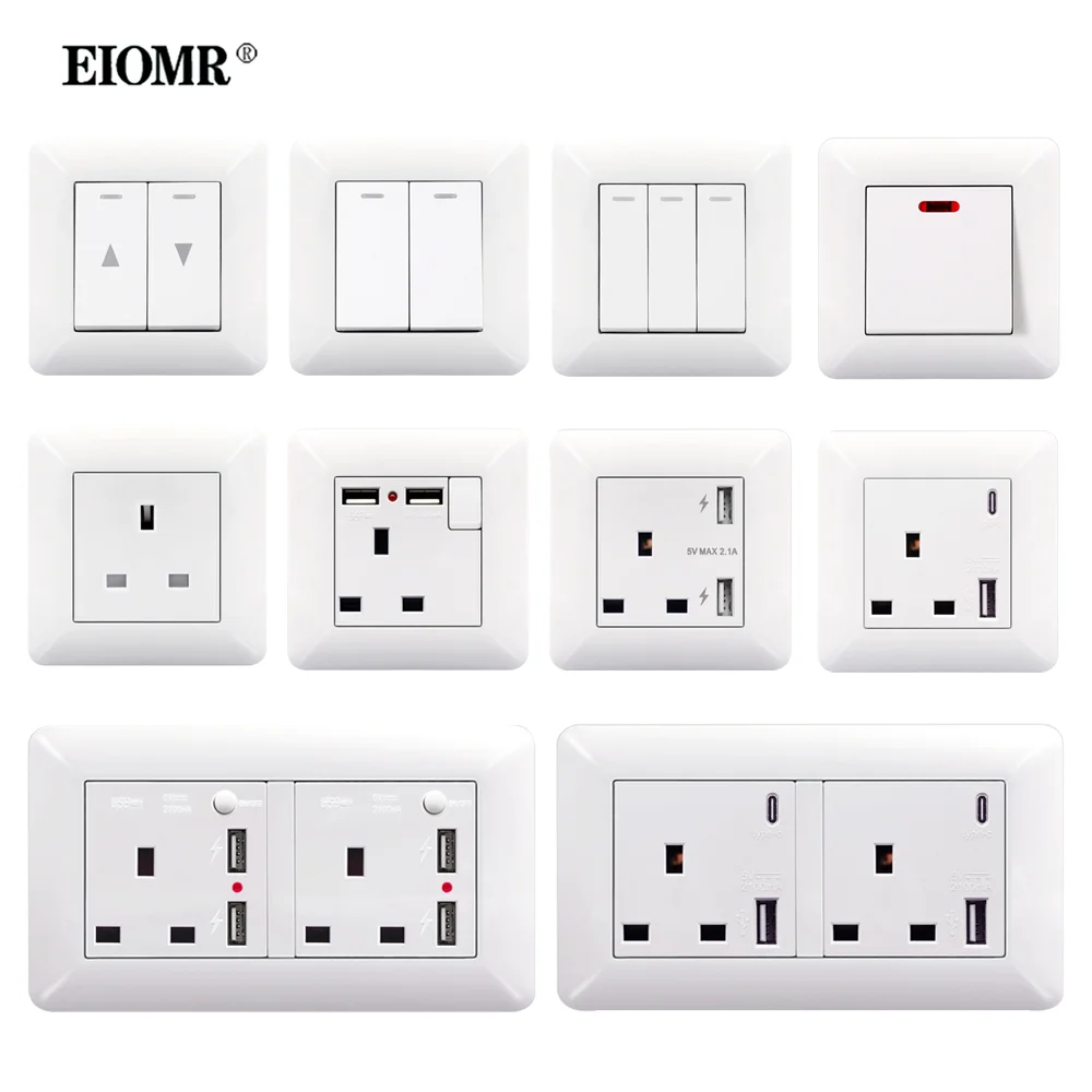 Eomr-USBタイプCポート付き壁掛けスイッチ,高品質の白いアークパネルAC110-250V,ユニバーサル,家の改修用