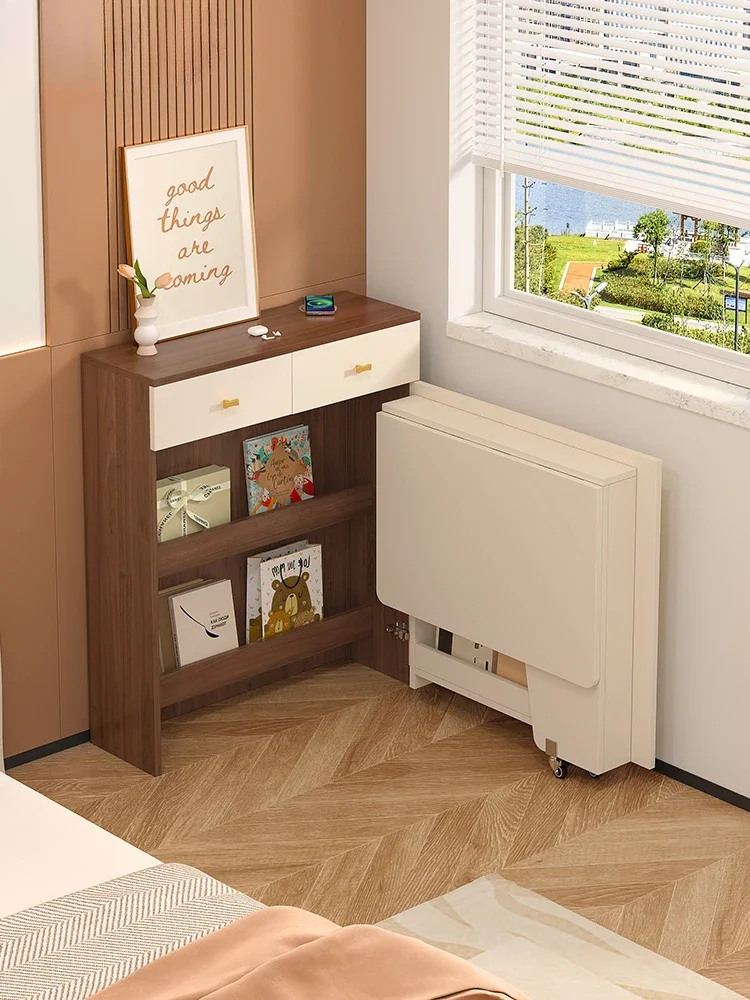 Cream antique style corner folding desk, bookshelf integrated bedroom, mobile computer desk, telescopic learning