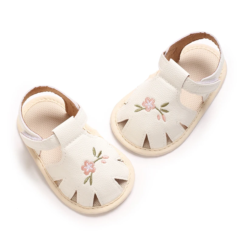 0-18M Newborn Baby Sandals Summer Floral Embroidered Wrap Toe Soft Sole Lightweight Comfortable Walking Shoes