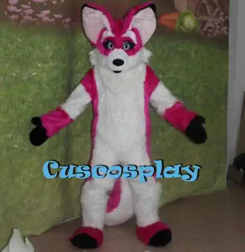 Christmas Pink Red Long Fur Furry Fox Wolf Husky Dog Mascot Costume Fursuit Adult Cartoon Annual Celebration Amusement Park Zz7