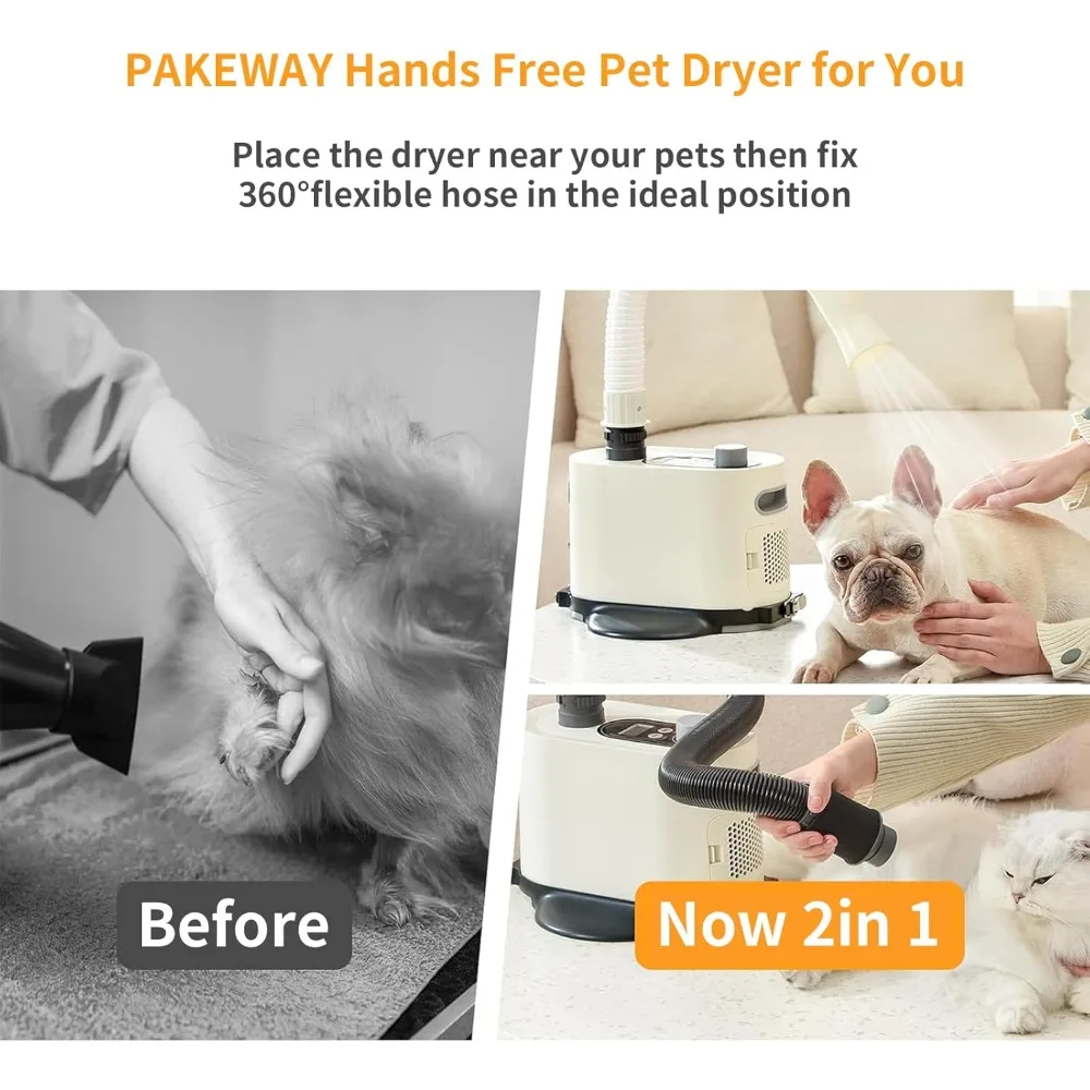 Dog dryer, pet power dryer, hard and soft dual hoses, Pet grooming dryer blower, LCD display, low noise, 3 speed heating and 2