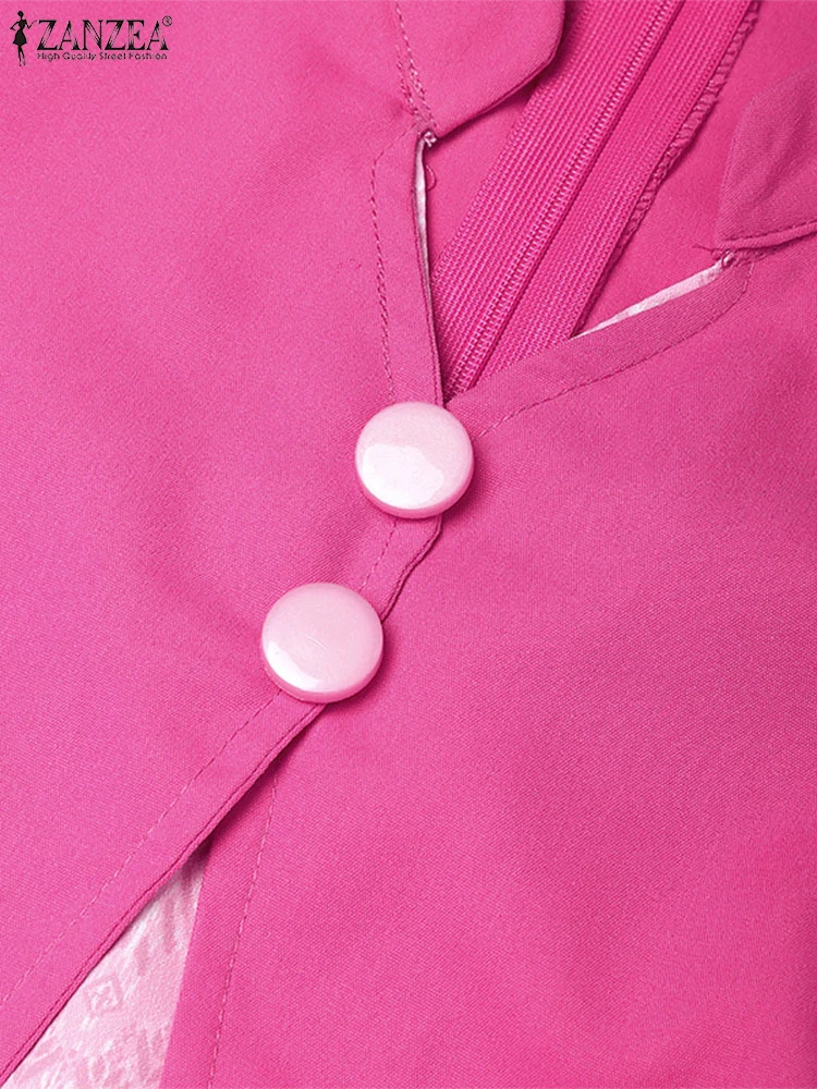 Vrouwen Boheemse Geometrische Print Patchwork Knielange Jurken ZANZEA Vintage Stand Kraag Korte Mouw Getailleerde A-lijn Gewaden Femme