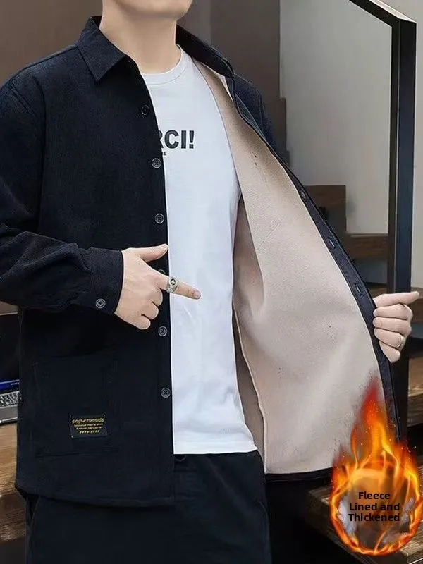 

High-End Color Corduroy Thiened Long Sve Men's irt Trendy Casual Workwear Warm Outerwear for Autumn Winter