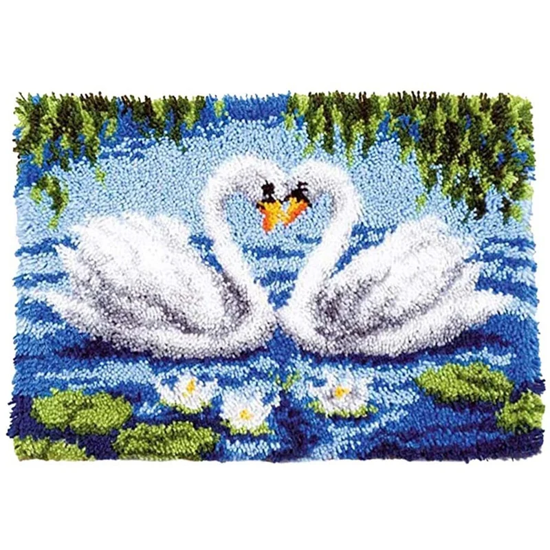 Latch Hook Kit, DIY Crochet Yarn Kits, 20.4 X 14.9 Inch Swan Lovers Rug Making Crafts For Kids Adults And Beginners