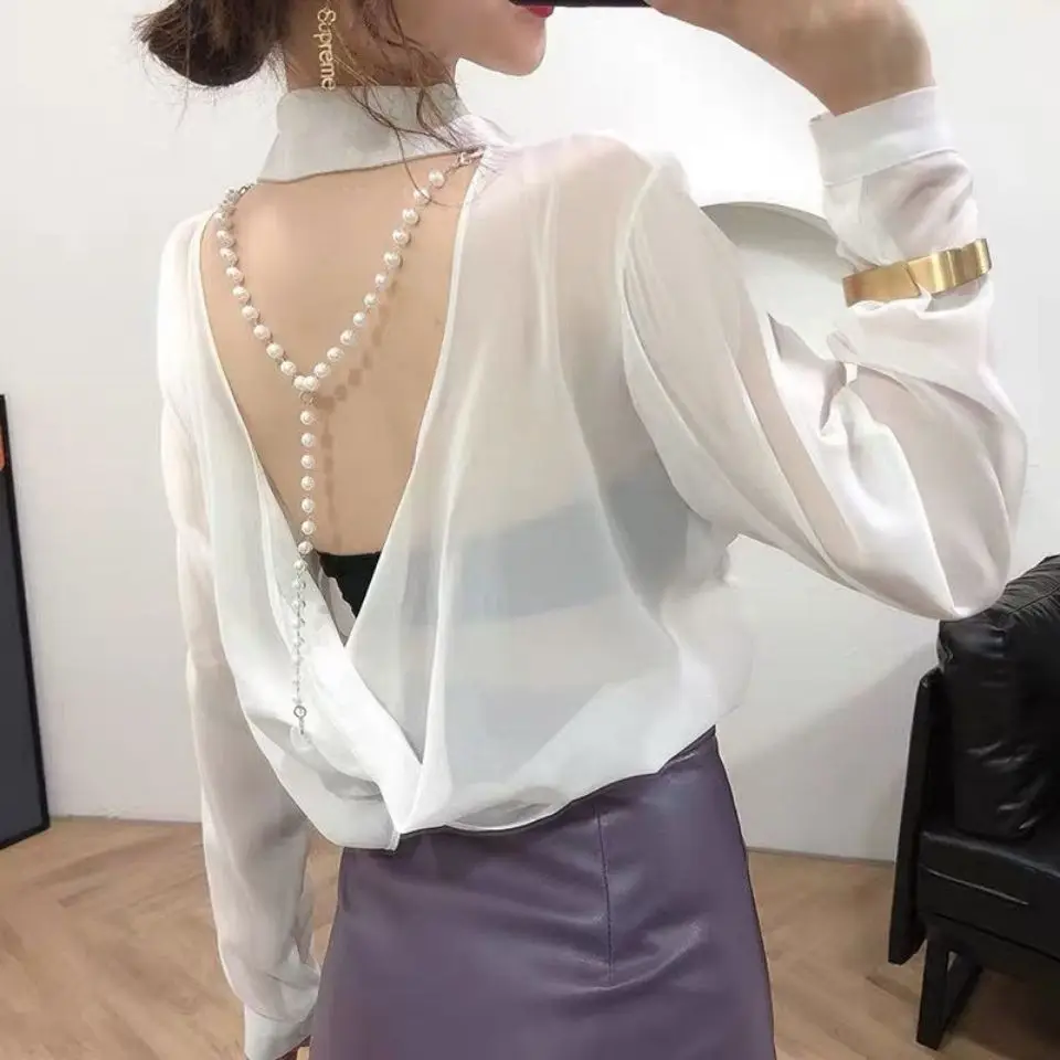 

Women Thin Soft Long Sleeve Shirt Perspective Bottom Shirt Black/white Women'S Slim Fit Tops Sexy Pearl Chiffon Streetwear Z917