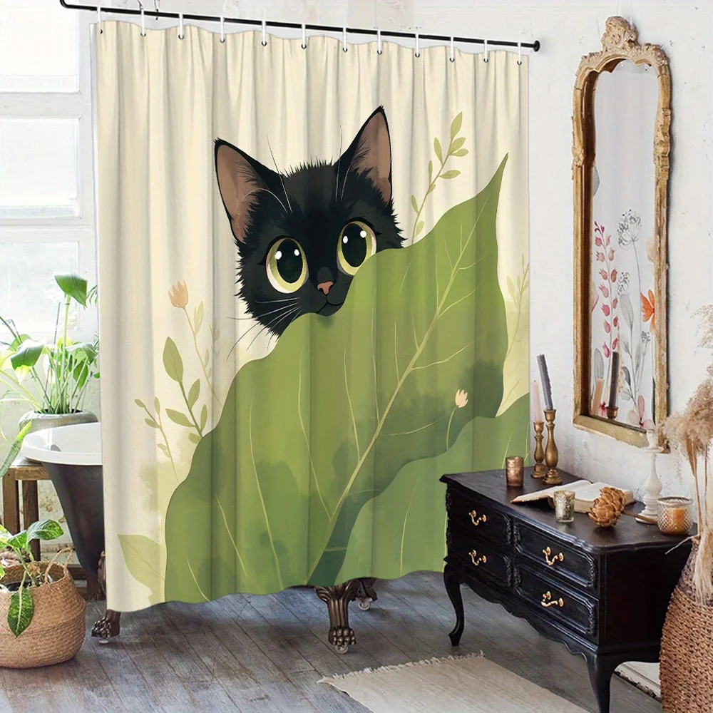 

cute black cat hiding behind leaf shower curtain nature animal art design for cozy bathroom decor with 12 hooks Quick Setup