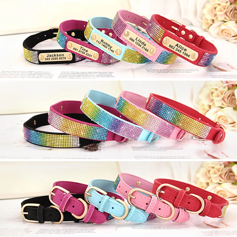 Custom Crystal Dog Collar Soft Leather Pet ID Collar Personalized Rhinestone Collars Adjustable For Small Medium Large Dogs Cat