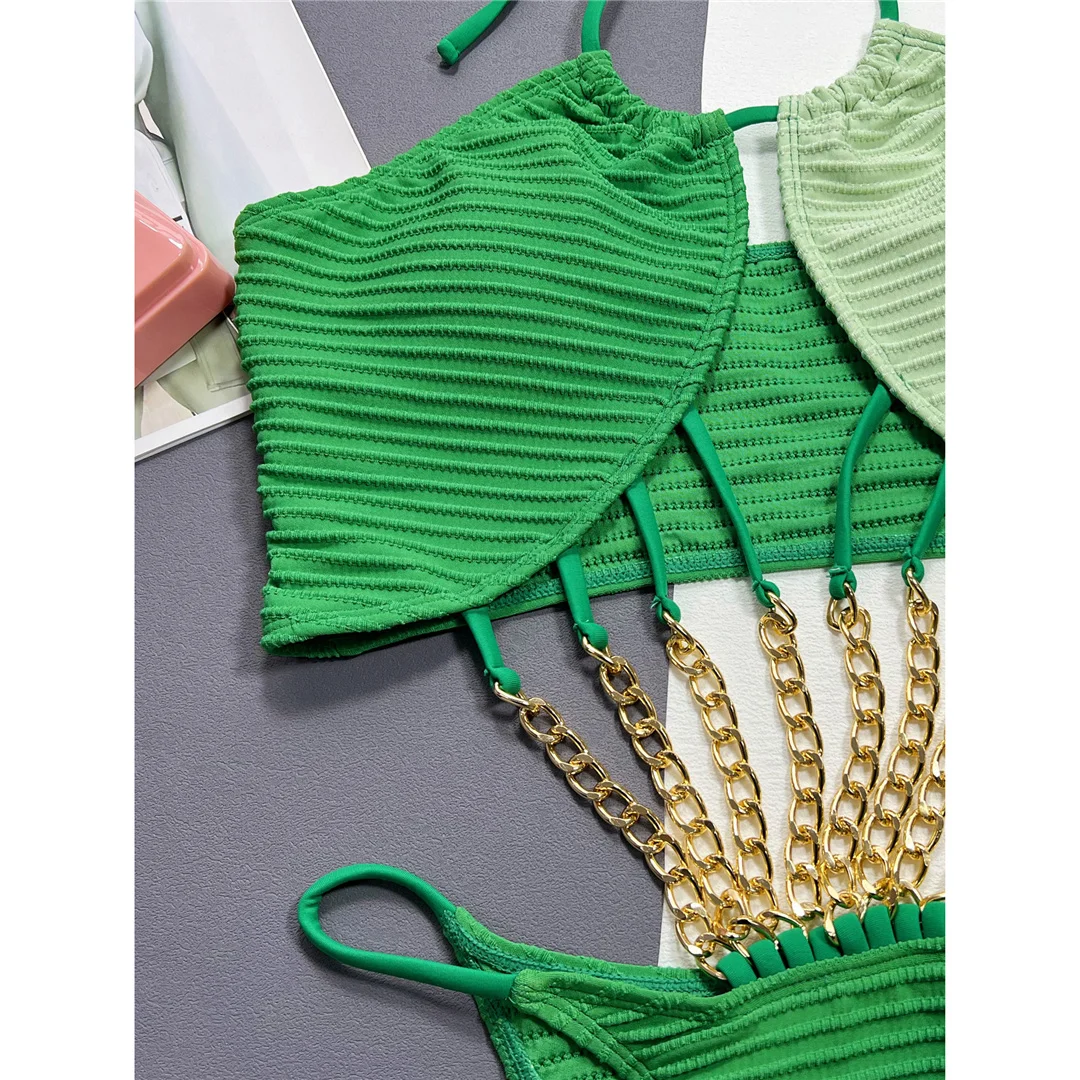 Sexy Splicing Neckholder-Badeanzug mit Metallketten für Damen, einteiliger Badeanzug, Monokini mit hohem Beinausschnitt, Badebekleidung, Badeanzug, Modell V4617 – Detail 10