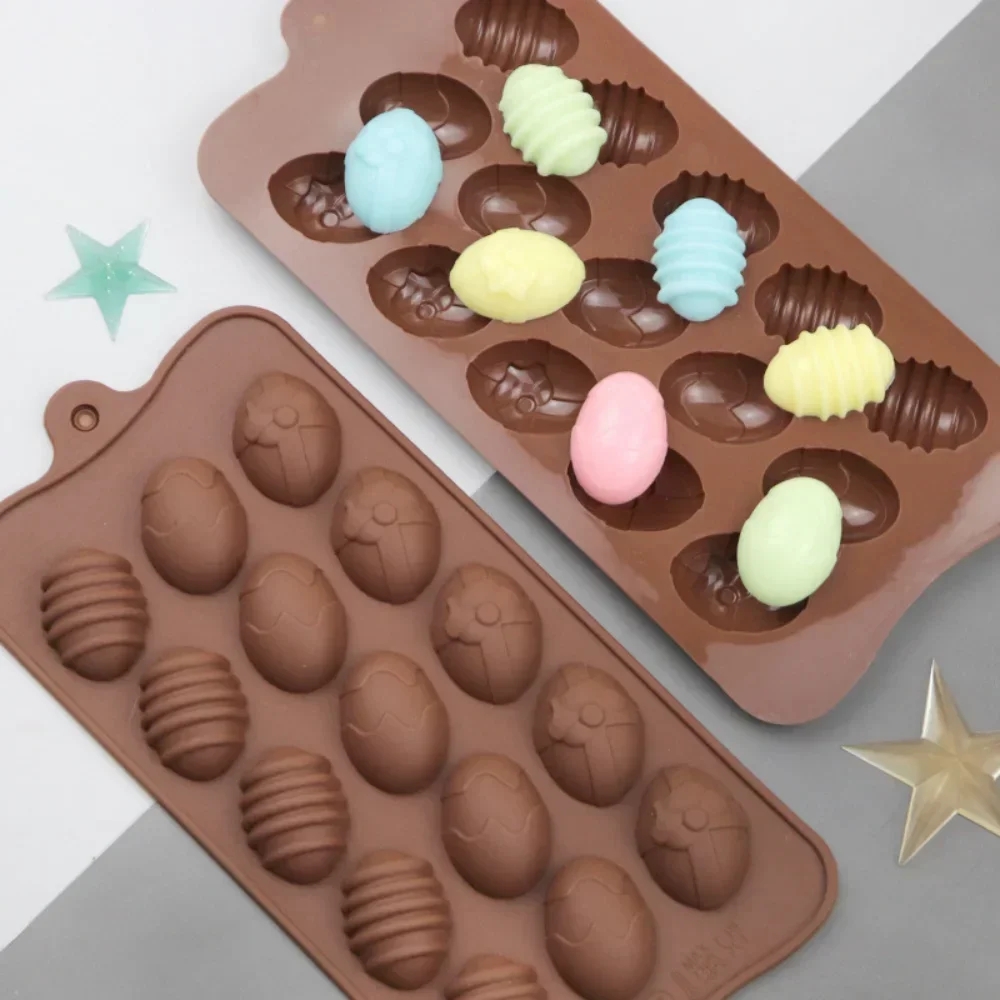 Moldes de silicona para pasteles, huevos de Pascua, 15 agujeros, moldes de Chocolate DIY, utensilios para hornear, plato para hornear, accesorios de cocina de alta temperatura, 2 uds.