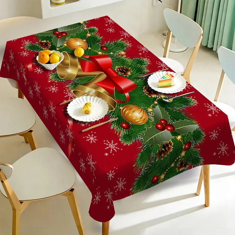 Christmas Festive Bells and Holly Rectangle Tablecloth Holiday Party Decor Waterproof Tablecloth for Table Christmas Decorations