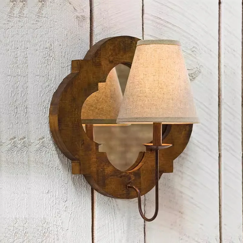 

American Wooden Retro Wall Lamp Bedroom Bedside Living Room Decorative Wall Light Creative Design Stairs Corridor Mirror Sconces