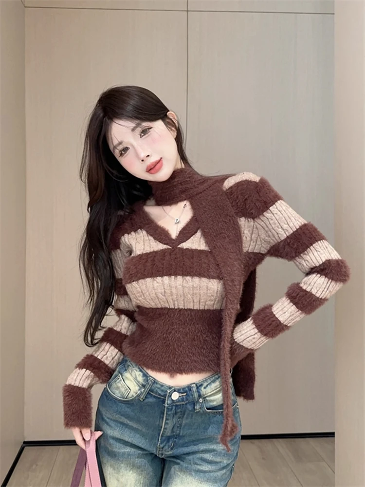 سترة نسائية محبوكة بياقة على شكل V من Pure Desire، ملابس داخلية شتوية مخططة بتصميم حورية البحر من فرو المنك