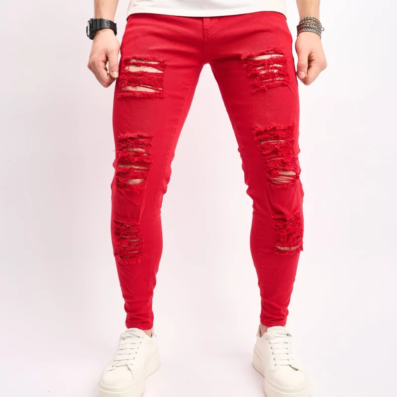 

Модные узкие мужские джинсы, однотонные тонкие эластичные уличные рваные повседневные брюки в стиле хип-хоп, индивидуальные джинсовые брюки с дырками
