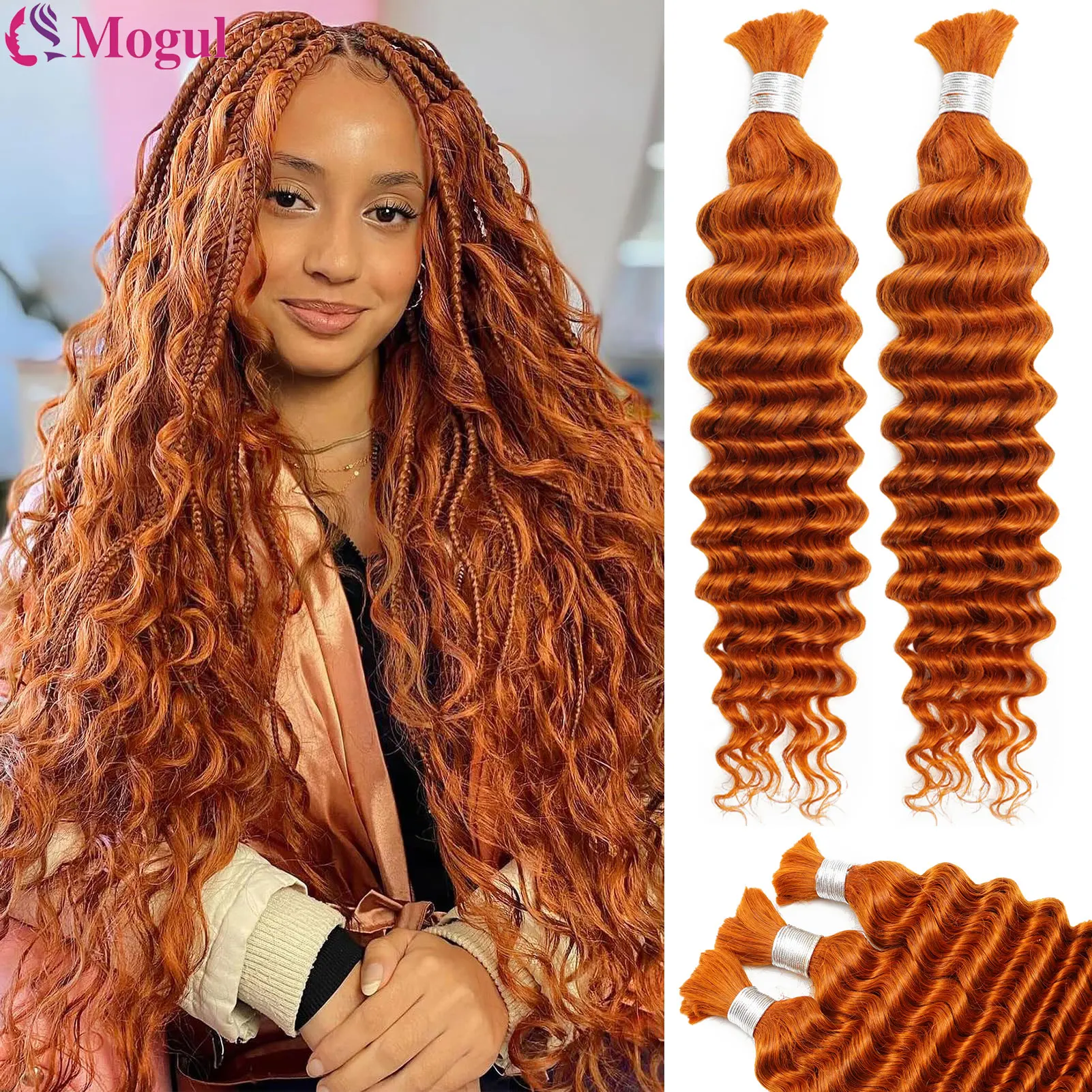 Ginger Deep Wave #350 Burnt Orange Color 24 Inch Braiding Hair Bulk Real Human Hair Extension Curly Hair Bundles for Boho Braids