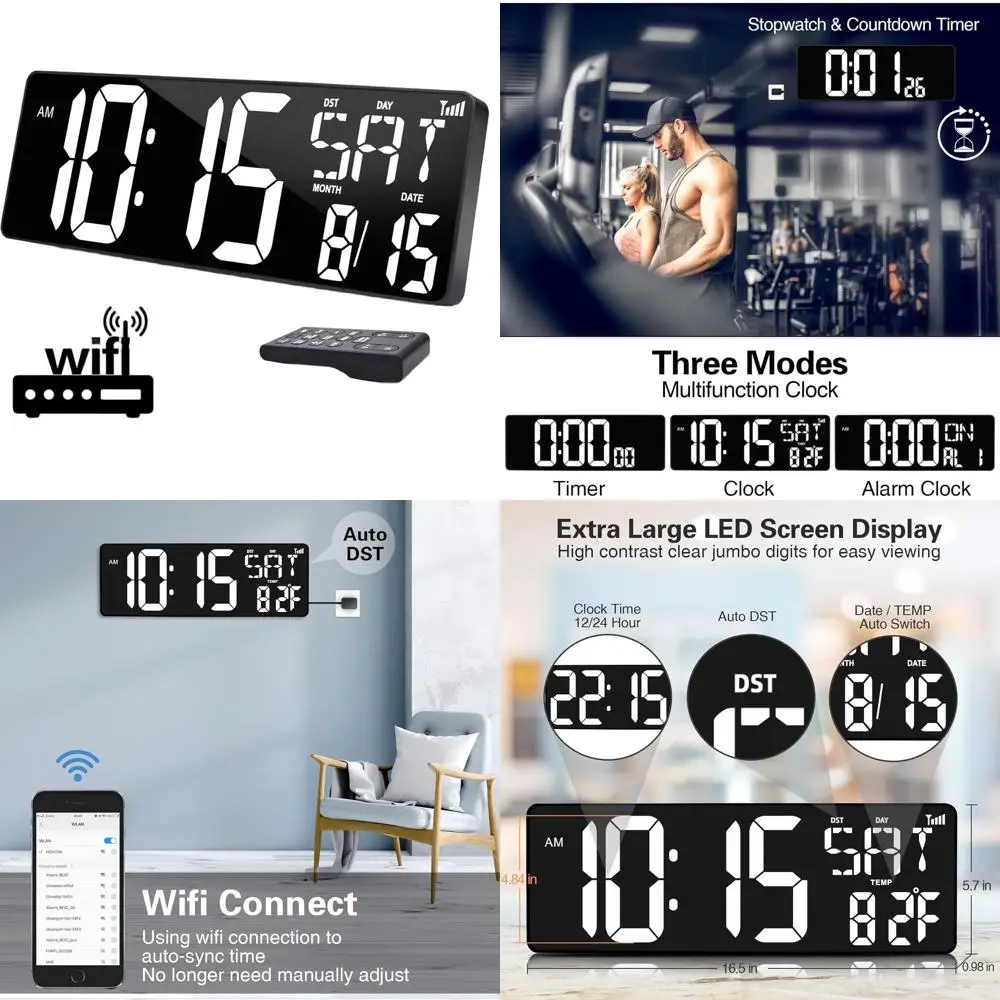 

Large 16.5 Display Wall Clock with LED, Temp/Date/Week, Remote Control, Alarm, Auto-Dimming for Home & Office
