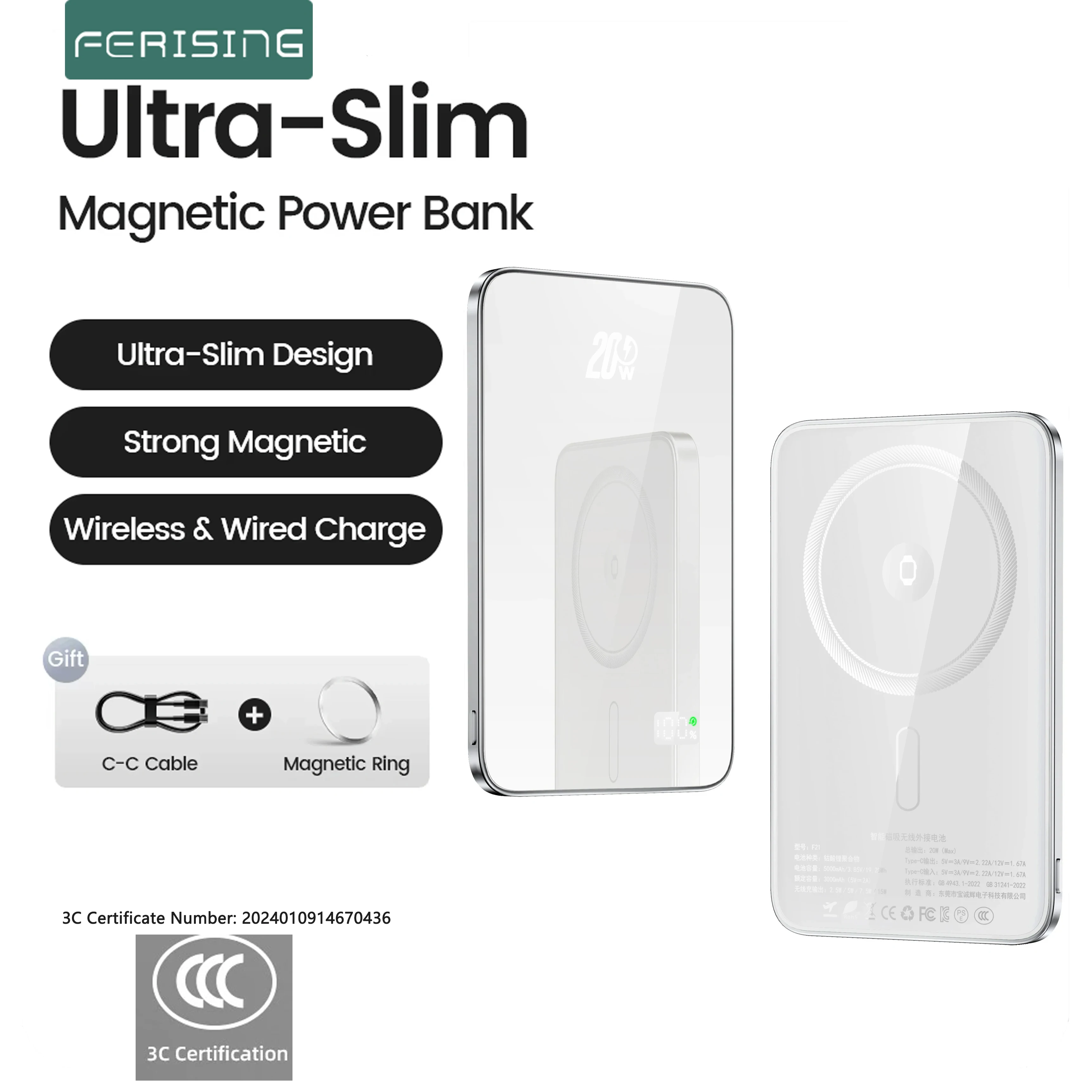 

Upgrade Magnetic Wireless Power Bank Metal Charger for MagSafe iPhone 15/14/13/12 Airpods iWatch Wireless Charging CCC Certified