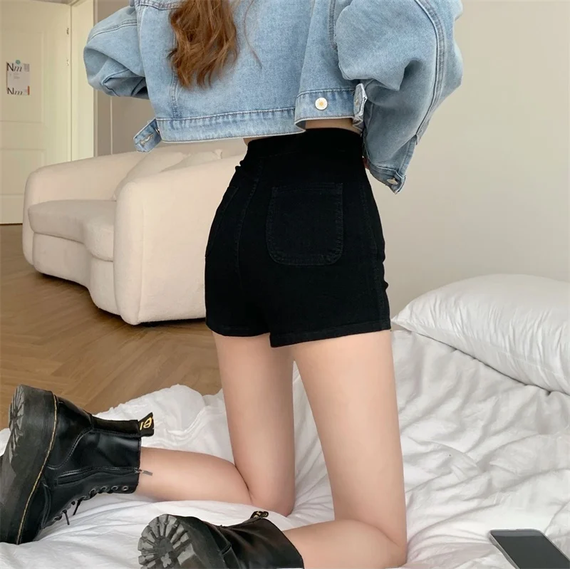 Black High Waist Super Short Denim Shorts Women's Spring Fashion Slim Fit Jeans Trendy Cotton Stretch Fabric Straight Leg Pants