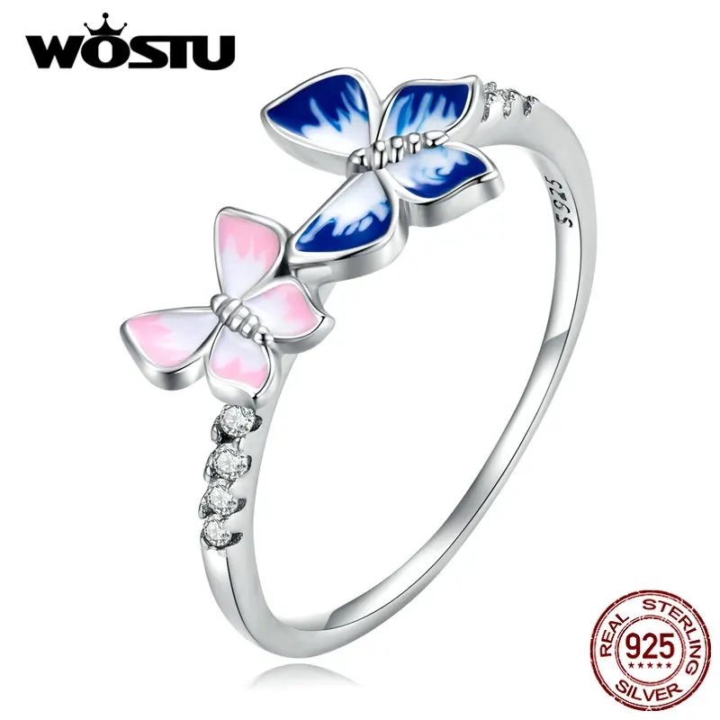 WOSTU 925 Sterling Silver Double-Butterfly Lovely Ring CZ Pink & Blue Gradient Series Finger Ring Fine Jewelry Engagament Gift