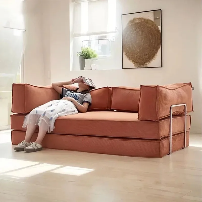 Fabric corduroy fully disassembled and washed modern straight sofa lazy sofa bed multi-functional push-pull compression sofa