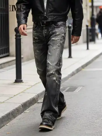【HME】Men's Jeans | American Street Vintage Flare Denim Pants Men, Heavy-Processing Worn-Out Faded Denim Trousers, Multi-Area Frayed Rip Design, Classic Five-Pocket Silhouette Daily Outfit Men Pants
