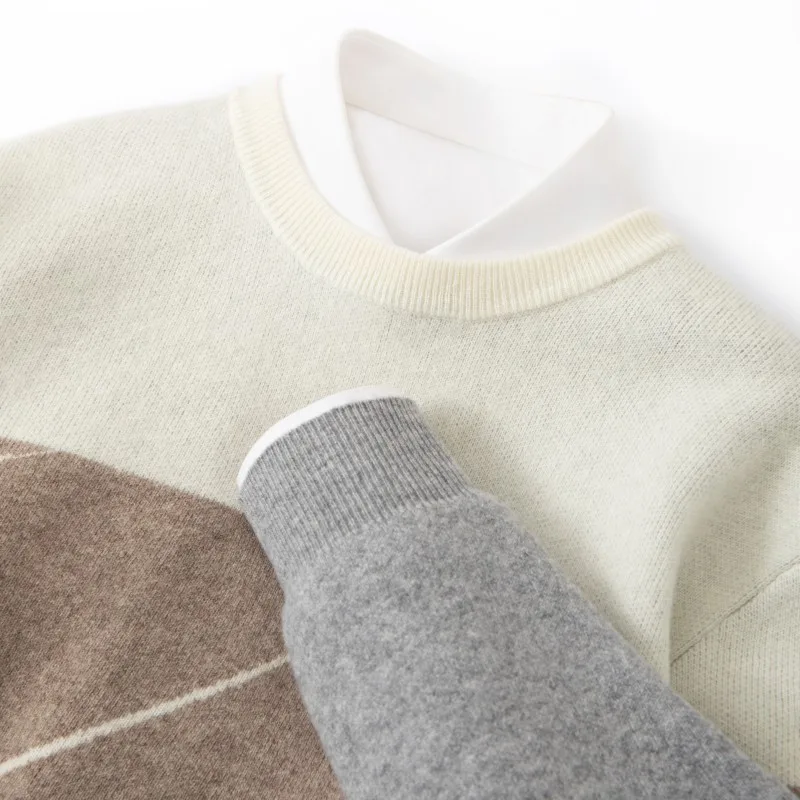 Fit tri-color Autumn/Winter new 100% Merino wool cashmere sweater men's O-collar pullover warm bottom knit shirt top