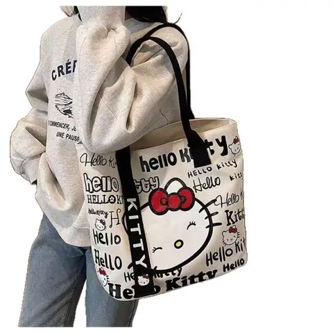 Sac à couches en toile de dessin animé Hello Kitty, mignon, polyvalent, mode, une épaule, sac de rangement de grande capacité, sac de Shopping Portable
