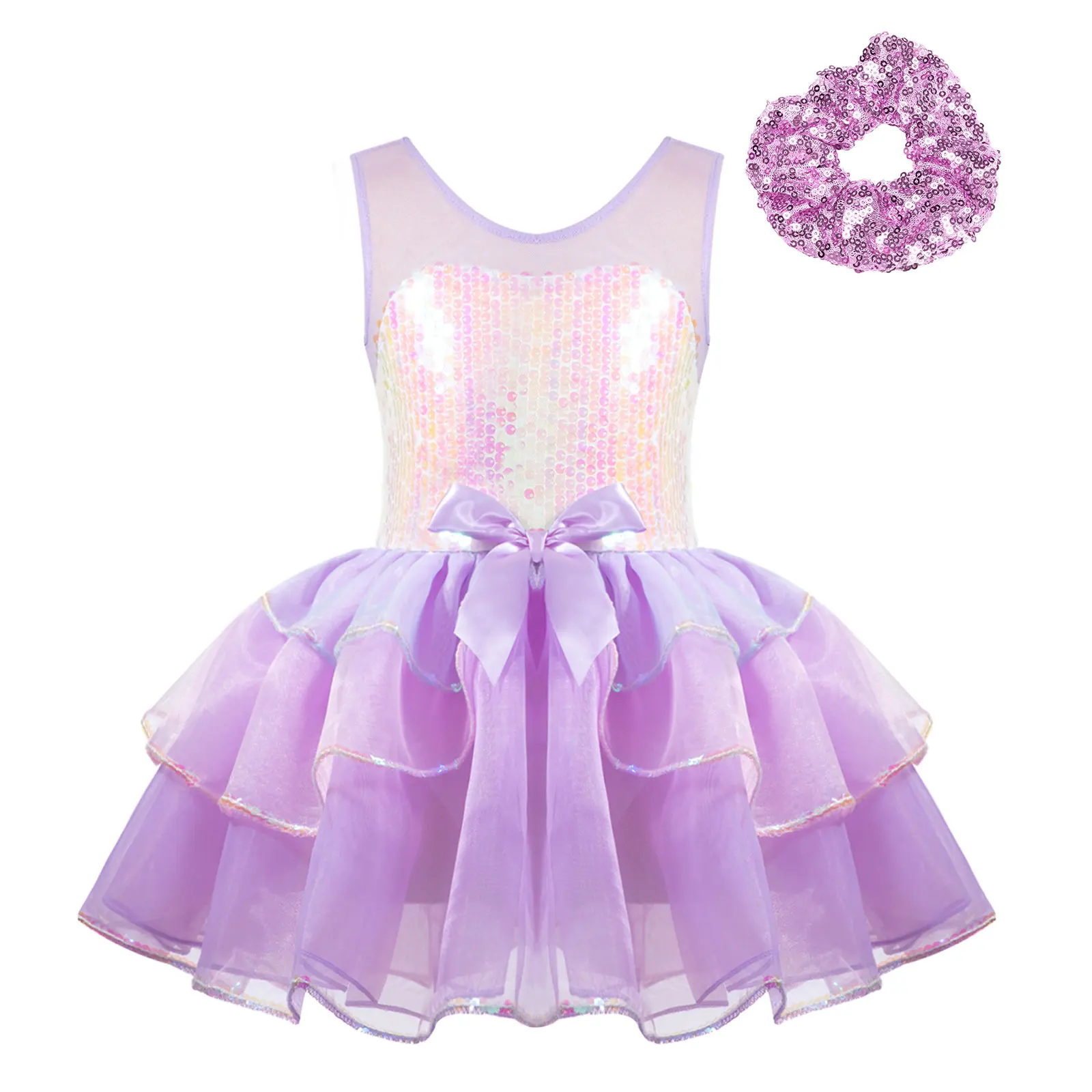 

Kids Girls Princess Birthday Dress Ballet Dance Costume Shiny Sequins Mesh Splice Bowknot Tutu Dress with Hair Tie Headwear Set