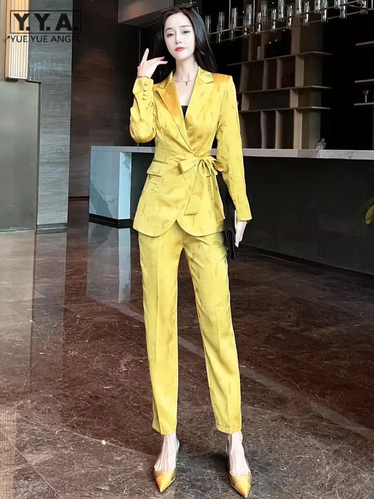 High Quality Office Ladies Work Suit Floral Jacquard Lace Up Blazer Jacket Slim Fit Pencil Pants Two Piece Set Elegant Suits Set