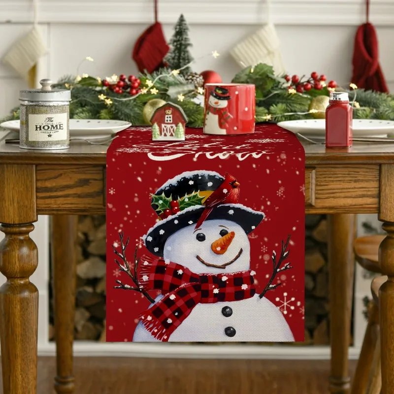 1PCS Christmas Table Runner Polyester Material Christmas Table Runner Plaid Scarf Snowman Pattern Polyester Christmas Table
