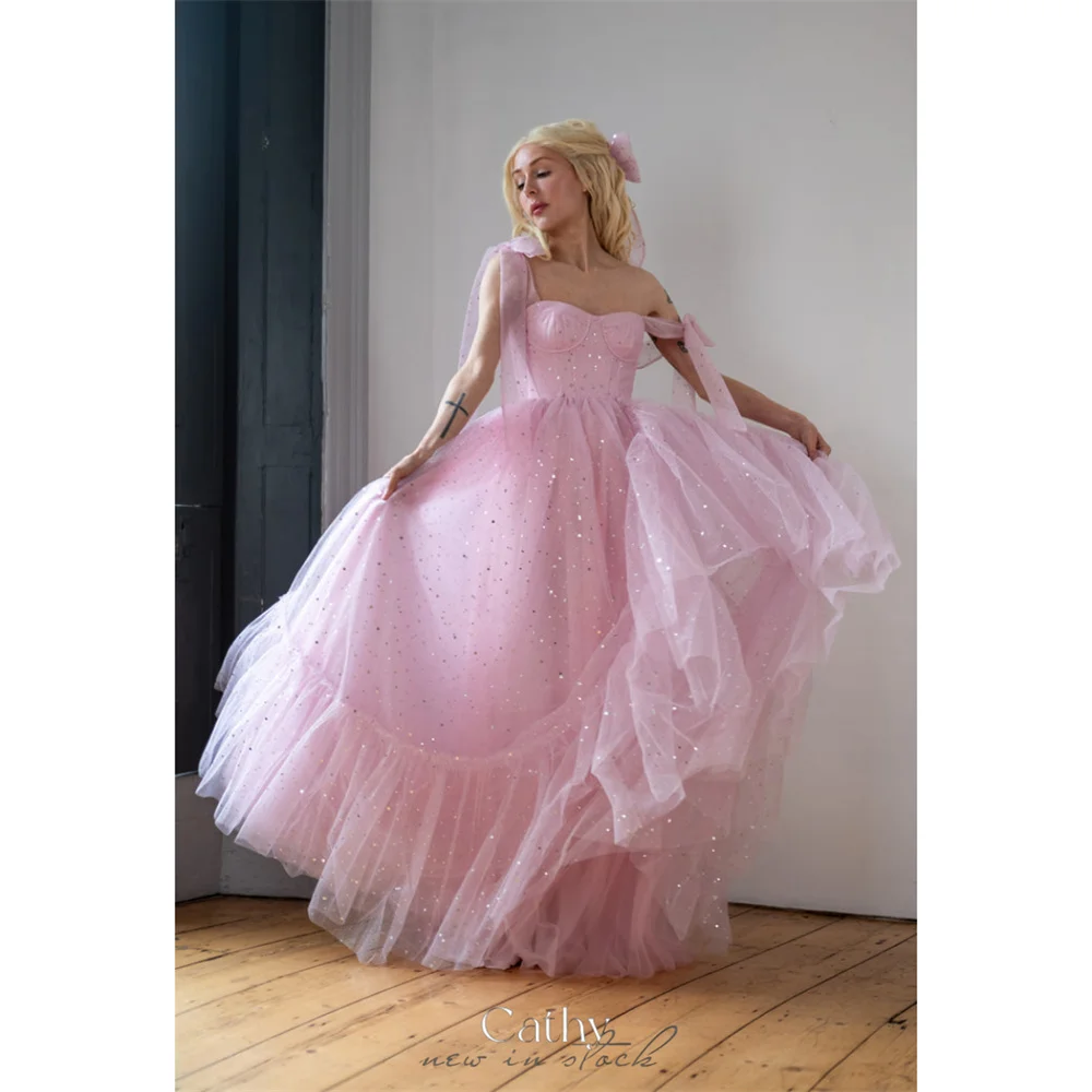 

Cathy Customized Pink Bow Straps Sequined Prom Dresses Tiered Ruffle A-Line vestidos de noiva Sleeveless Lace-Up Formal Evening