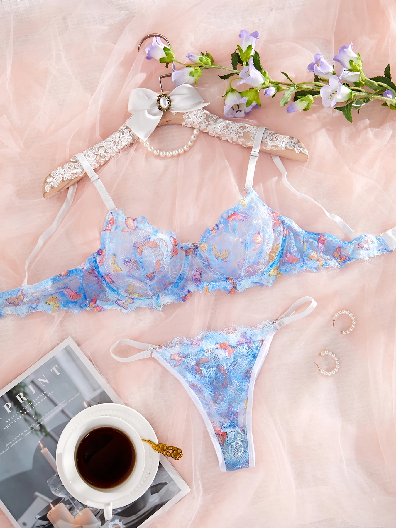 Women's Transparent Blue Butterfly Lace Sexy Lingerie Set Gathered Push Up Bra Daily Comfortable Clo
