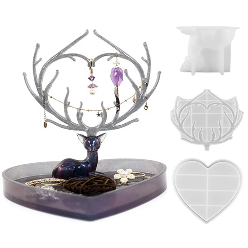 3Pcs DIY Jewelry Storage Box Crystal Epoxy Resin Mold Fawn Jewelry Stand Antler Tray Silicone Mould