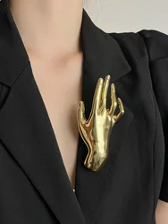 Metal Smooth Palm Hand-shaped Large Broochs for Women Men Punk Unique Creative Suit Pins Party Jewelry Accessories