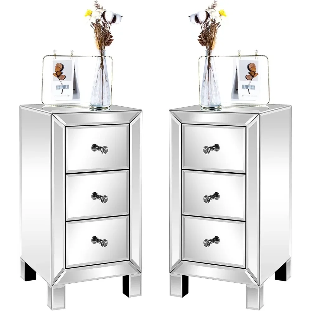 

Nightstands Set of 2 3-Drawer Mirrored Nightstand End Table Glass Nightstand for Bedroom