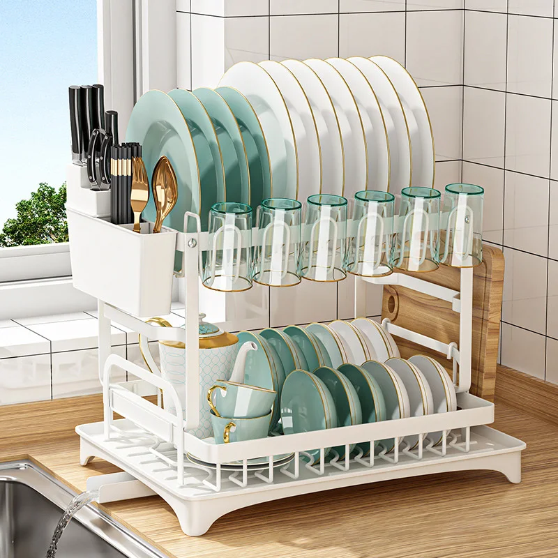 

Dish Drying Rack Adjustable Kitchen Plates Organizer with Drainboard Over Sink Countertop Cutlery Storage Holder