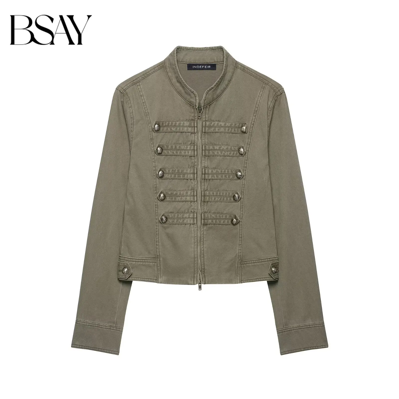 BSAY Streetwear Women Napoleon Decor Buttons Cropped Jacket Stand Collar Zip Front Long Sleeve Slim Vintage Military Outerwear