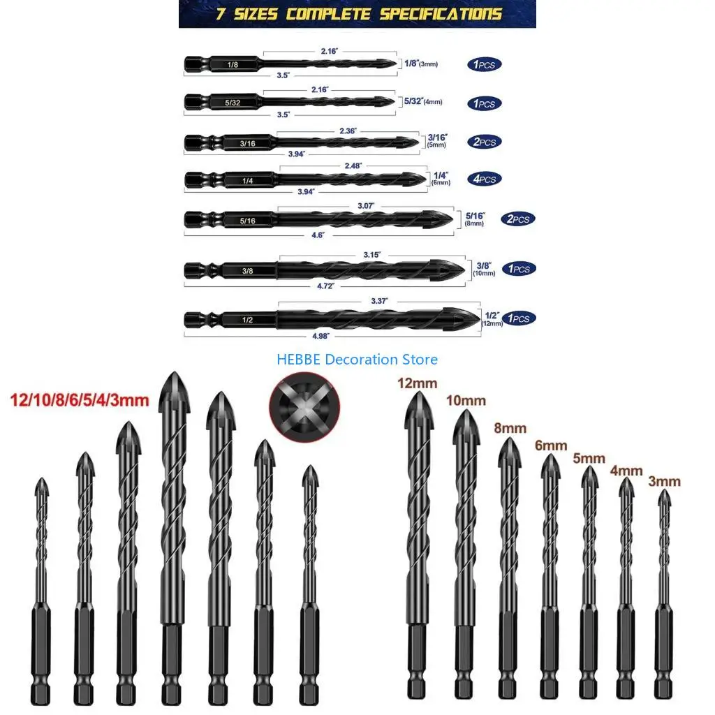 B0KC 12Piece Set of Multiple Material Drill Bits Accurate Hole Drilling for Concrete Glass & Featuring Hard Alloy Design