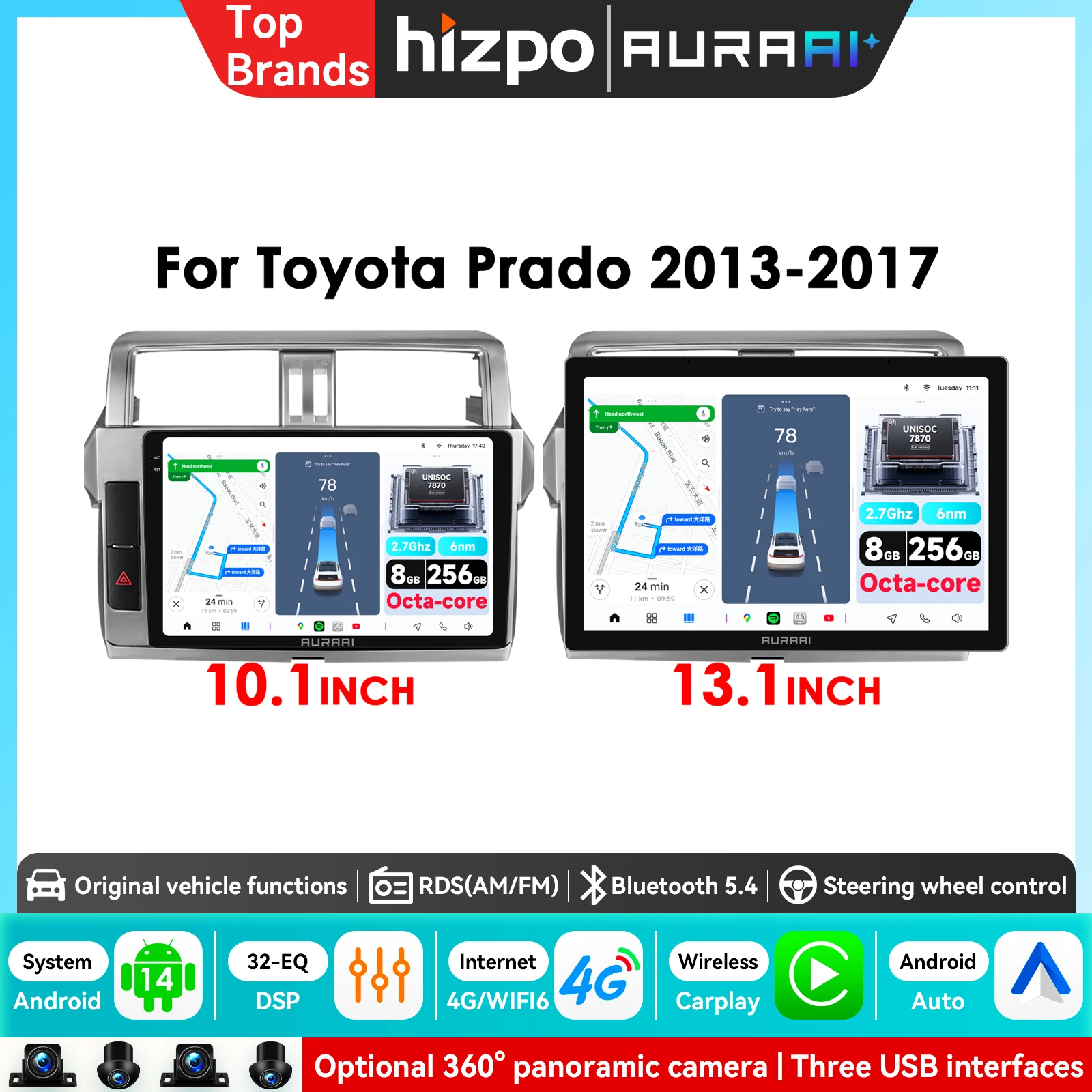 8-Kern 8GB+256GB 2K Bildschirm AI Android Autoradio Multimedia-Videoplayer für Toyota Land Cruiser Prado 150 2013-2017 GPS Stereo BT