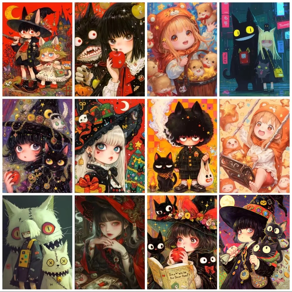 Photo Mosaic Print - ภาพเพชรลายการ์ตูนแม่มดและแมว งานศิลปะโมเสกเพชรทำมือ ของขวัญสร้างสรรค์สุดประณีต ตกแต่งบ้าน