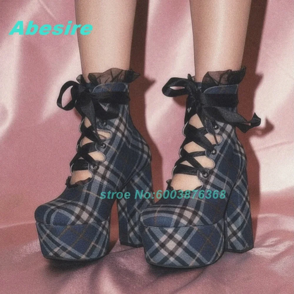 Platform Lace-Up Hollow Out Chunky Heels Women's Boots Blue Black Plaid Ankle Boots Sweet Cool Gothic Y2K Daily Wear Shoes