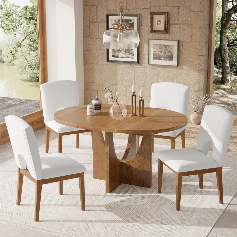 

5-Piece Functional Dining Sets, with 16.2inch Removable Leaf 4 Upholstered Chairs,Wood Extendable Round Dining Table Set